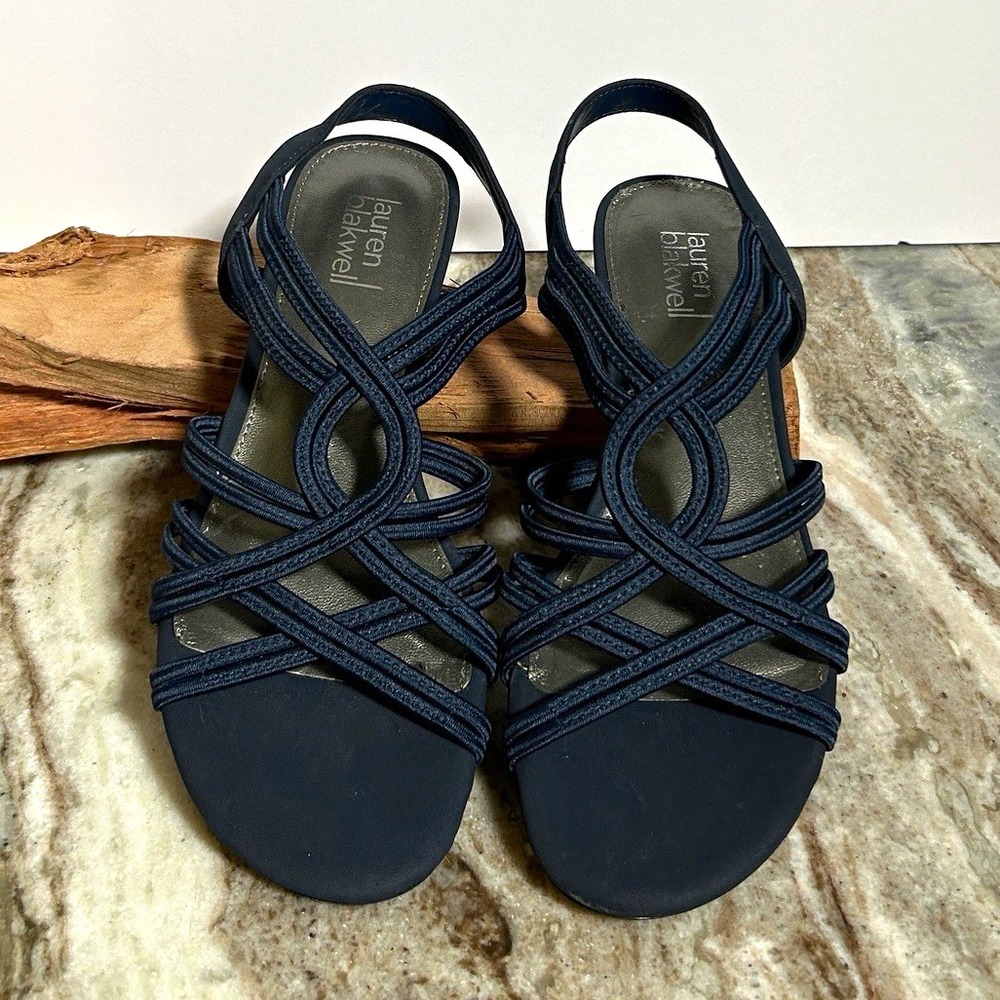 Lauren Blakwell Marla Blue Strappy Slingback Wedge Sandals 7 M 260035